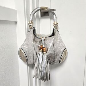 Gucci Indy Bamboo Tassel Large Leather Hobo in Metallic Embossed Python